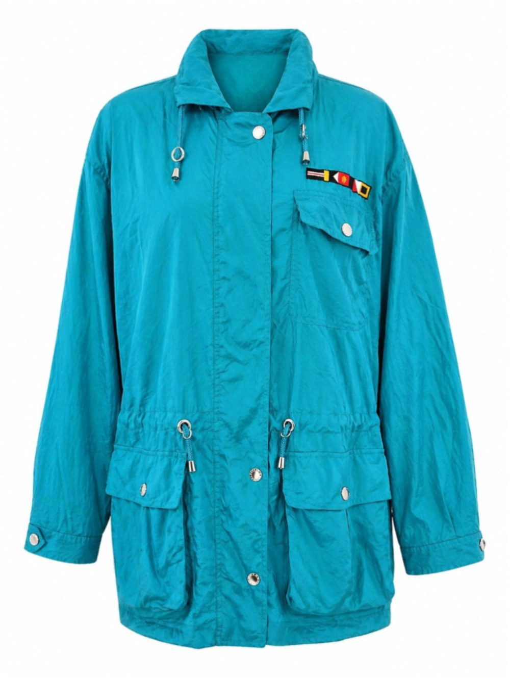 VTG Catalina Windbreaker Long Turquoise Sz S Embroidered Metal Accents Cinch Wst